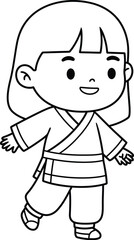 Cute Cartoon Girl in Kimono Coloring Page on transparent background