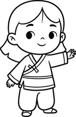 Cute Cartoon Girl in Traditional Korean Dress Waving on Transparent Background