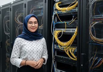 Confident woman wearing hijab smiles in a server room surrounded by technology and vibrant cables