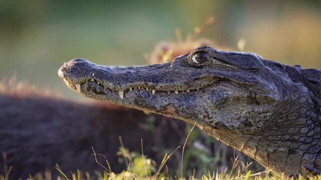 Detailed side profile of yacar&eacute; caiman head with visible teeth, Iber&aacute; wetlands, Argentina.