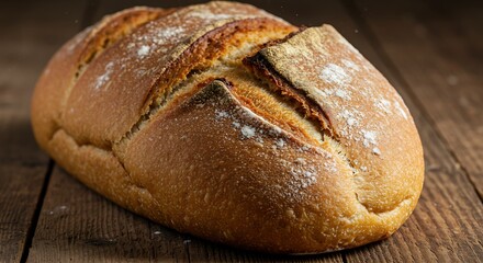 A delicious, freshly baked rustic loaf of artisanal bread, beautifully textured and dusted with flour, resting on a cozy wooden table, ready to be enjoyed.