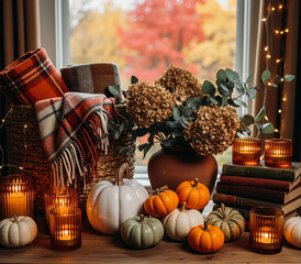 Fototapeta premium Cozy Autumnal Still Life with Pumpkins, Blankets and Candles