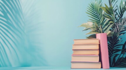 Stack of Books with Tropical Flowers on Blue Background – Summer Reading Concept