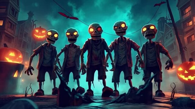 A group of cartoon zombies standing in a halloween scene with pumpkins and bats at night time halloween zombie video