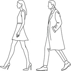 Fashionable Man and Woman Walking Line Art Illustration on Transparent Background