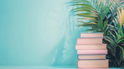 Stack of Books with Tropical Flowers on Blue Background – Summer Reading Concept