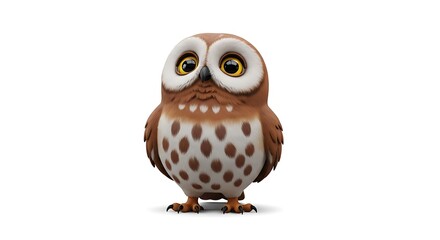 Fototapeta premium Adorable cartoon owl, brown and white plumage, large eyes, looking slightly sad.