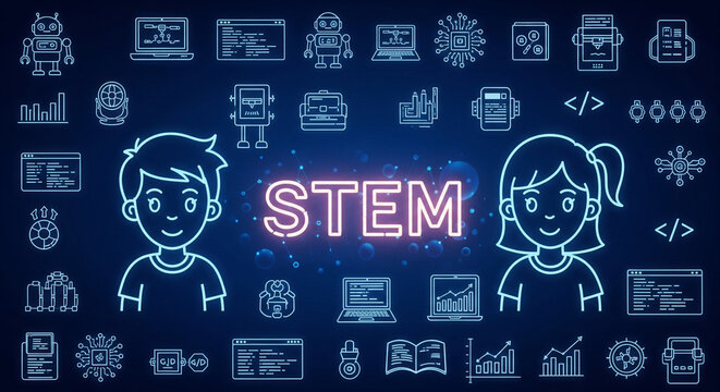 Inspiring young minds with vibrant STEM education icons and futuristic technology elements