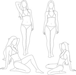 Bikini Clipart Collection Line Art Poses of a Woman on transparent background