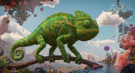 Green chameleon perched on a branch in a surreal dreamlike landscape in nature