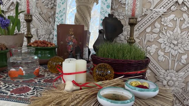 New Year Iranian in garden making Haftsin table bunch of wheat bundle candle mirror sky sumac flower Persian tradition luxury mansion column architecture festive Nowruz celebration Tehran Tajrish