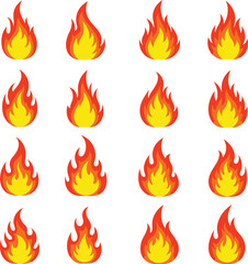 Sixteen Fire Flame Icons Set on Transparent Background