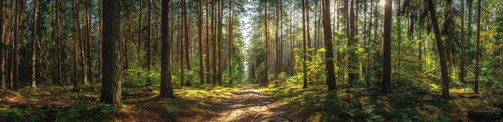 Fototapeta premium Sunlight filtering through a dense forest