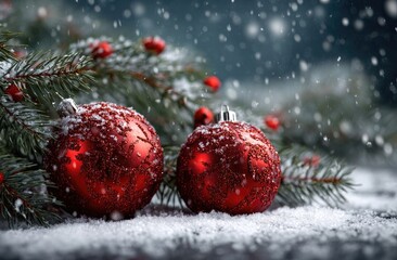 Festive Christmas ornaments in the snow