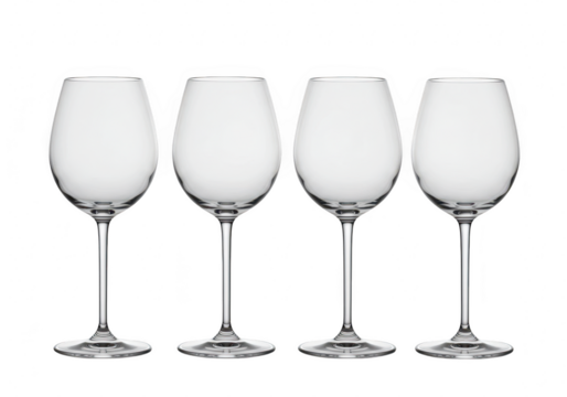 Four empty wine glasses isolated on transparent background