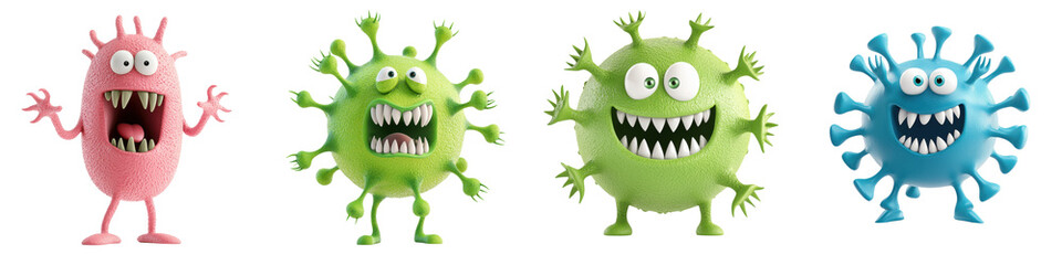 Set of Colorful cartoon virus characters with exaggerated faces and features. isolate on transparent background