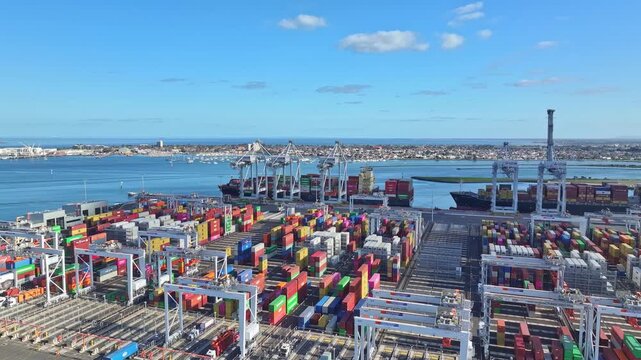 Aerial view of cranes ships and stacked containers at Victoria International Container Terminal
