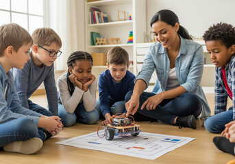 Engaged children learn coding and STEM building a robot with their enthusiastic teacher in a bright classroom
