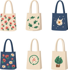Set of Eco Friendly Tote Bags with Floral and Nature Designs on transparent background
