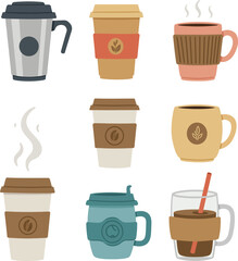 Various Coffee Cups and Mugs on transparent background
