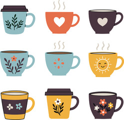 Cute Coffee Cups Collection on transparent background