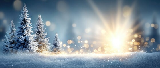 Winter wonderland scene with snow-covered trees and sunrise