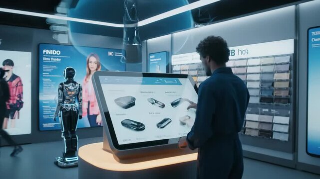 Futuristic Retail Shopping Experience - A customer interacts with a large digital display in a modern, futuristic retail store.