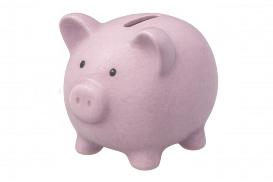 Ceramic pink piggy bank gleaming, representing financial goals and saving strategy on clean transparent backdrop