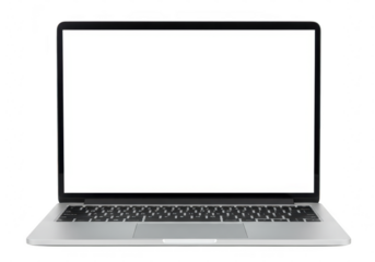 Modern laptop with blank white screen isolated on transparent background