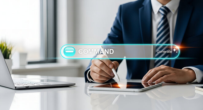 Executive Using Stylus on Tablet to Activate AI Command Bar and Generate Smart Tasks