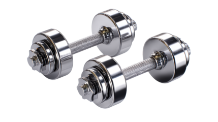Pair of gleaming chrome dumbbells with textured handles isolated on white background, cut out transparent