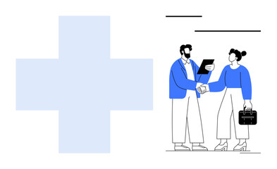 Two professionals shaking hands and reviewing documents, emphasizing partnership and agreement. Ideal for teamwork, networking, professionalism, healthcare collaboration, business deals, trust