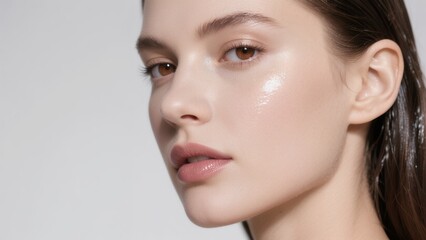Caucasian woman with luminous glass skin, close-up beauty portrait