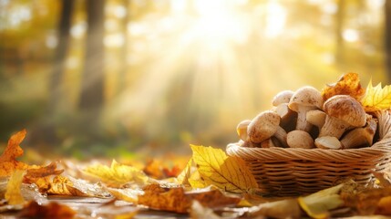 Fototapeta premium Golden Autumn Forest: Harvesting Mushrooms in Crisp Morning Light