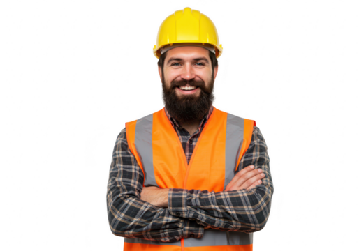 Construction worker in hardhat and safety vest smiling isolated on transparent background - Powered by Adobe