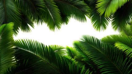 Layered green palm fronds framing a bright white space, cut out transparent