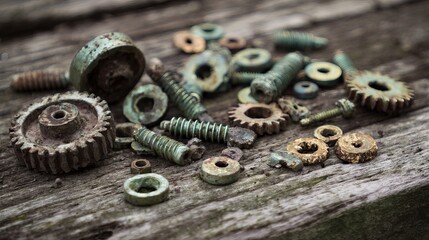 Fototapeta premium Rusty metal gears and bolts scattered on a wooden workbench, symbolizing mechanical wear and repair, industrial maintenance, and vintage machinery concepts.