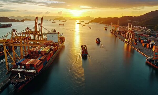 Golden hour sunset over a busy container port, numerous cargo ships & container vessels navigate the channel, cranes unloading containers