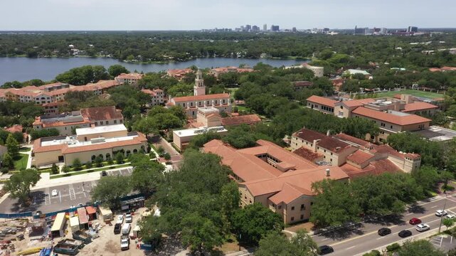Aerial View Of Rollins College With Knowles Memorial Chapel, Annie Russell Theatre And Lake Virginia In Winter Park, Florida, USA.