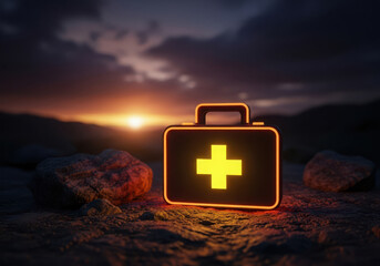 Glowing first aid kit with medical cross in dramatic sunset landscape