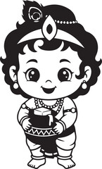 krishna silhouette vector Chibi Krishna with Peacock Feather | Black and White Line Drawing Cute Baby Krishna with Butter Pot | Black and White Hindu God