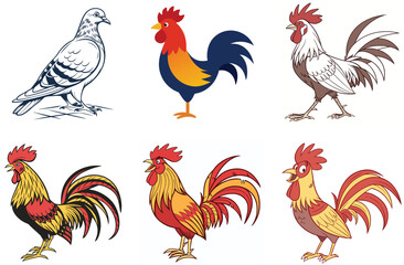 A vector cartoon of a rooster and hen, featuring a stylized farm animal illustration