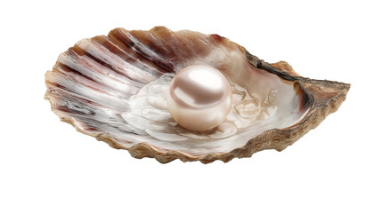 Large iridescent pearl resting inside a textured open oyster shell, cut out transparent