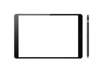 Tablet computer with blank white screen and stylus isolated isolated on transparent background