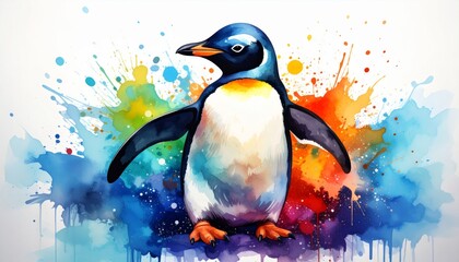 Naklejka premium 3D style little penguin artist painting with colorful splashes on a canvas 