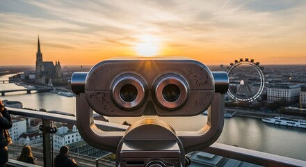 Captivating aerial panorama of Vienna at sunset viewed through observation binoculars