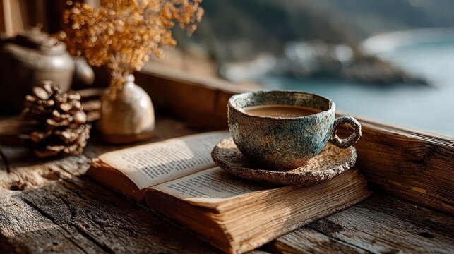 Open book on a wooden table near a window with natural light and a cup of coffee, symbolizing peaceful reflection and study time