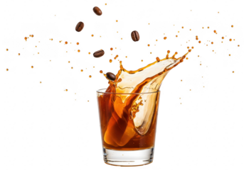 Coffee splash with beans and ice in a glass isolated on transparent background