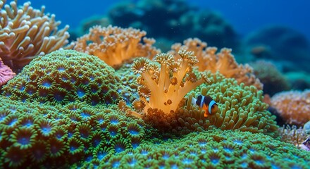 Underwater world with colorful coral reef and clownfish in the ocean