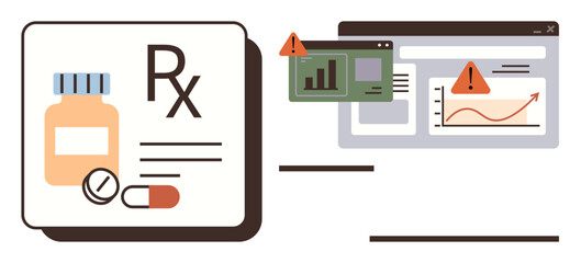 Medication container, capsules, Rx label, charts, graphs, and warning alerts highlight pharmaceutical data concerns. Ideal for healthcare, pharmacy, medical research technology analytics risk